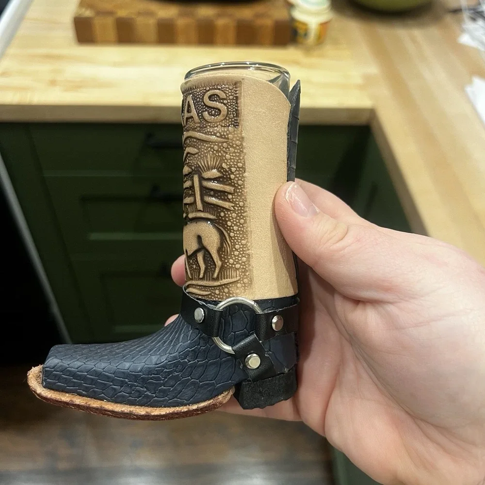 Unique Leather Boot Shot Glasses, Set Of 2, San‎ Antonio, Texas - Made In Mexico